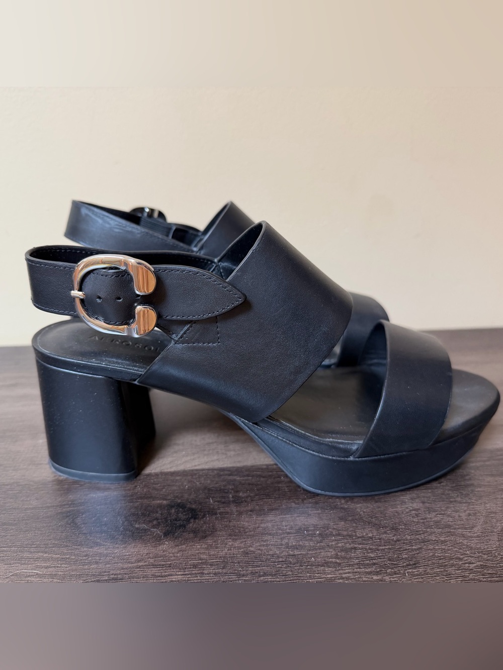 Aerosoles Camera Black Leather Platform Block Heel Sandals Women’s 9W